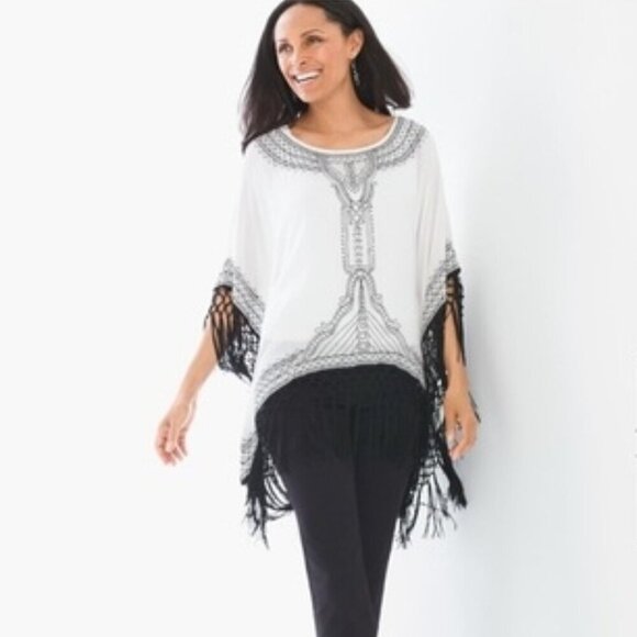 Chico's white black fringe tunic shirt top fringe poncho EUC - Picture 7 of 8